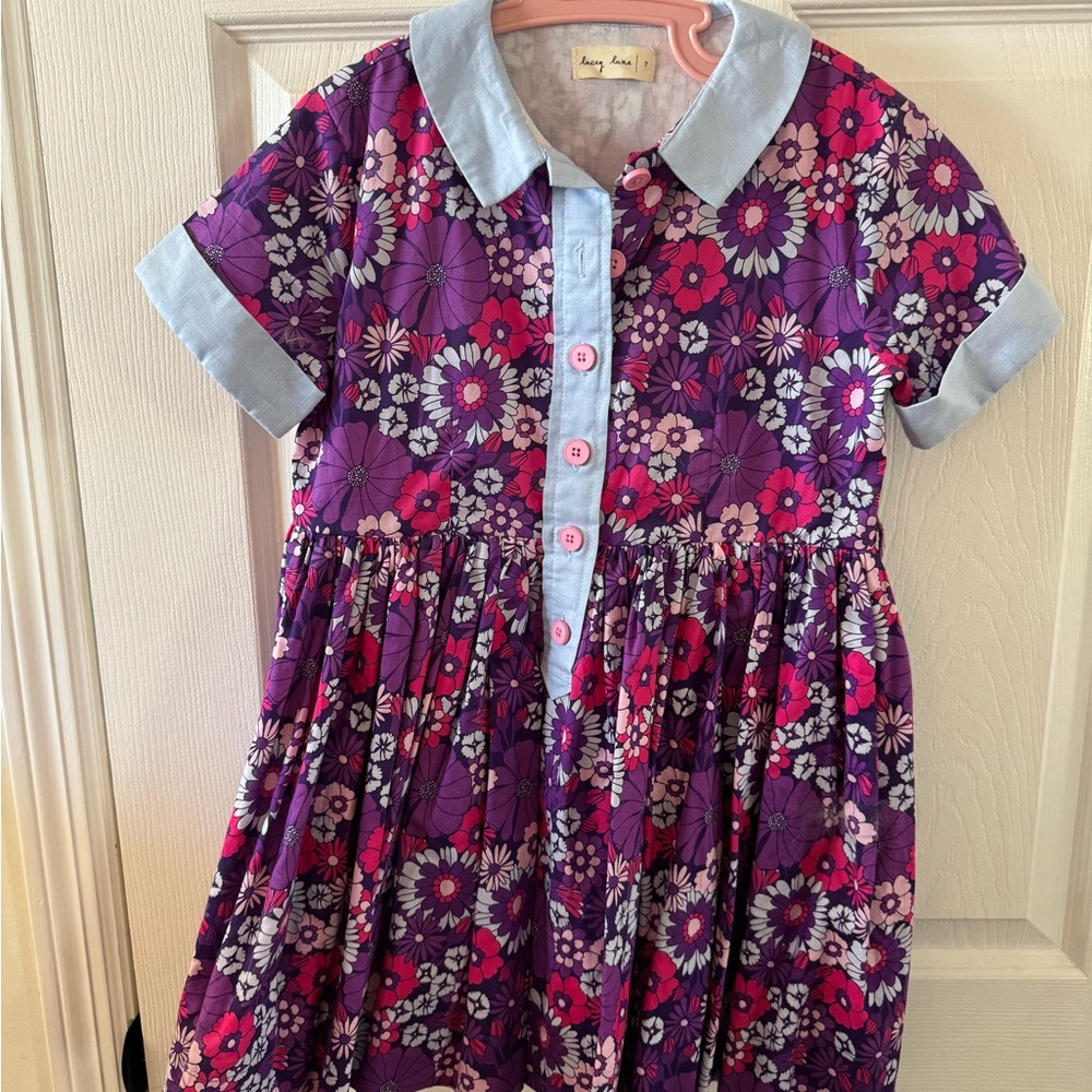 Girls' Purple Floral Button-Front Dress with Light Blue Trim